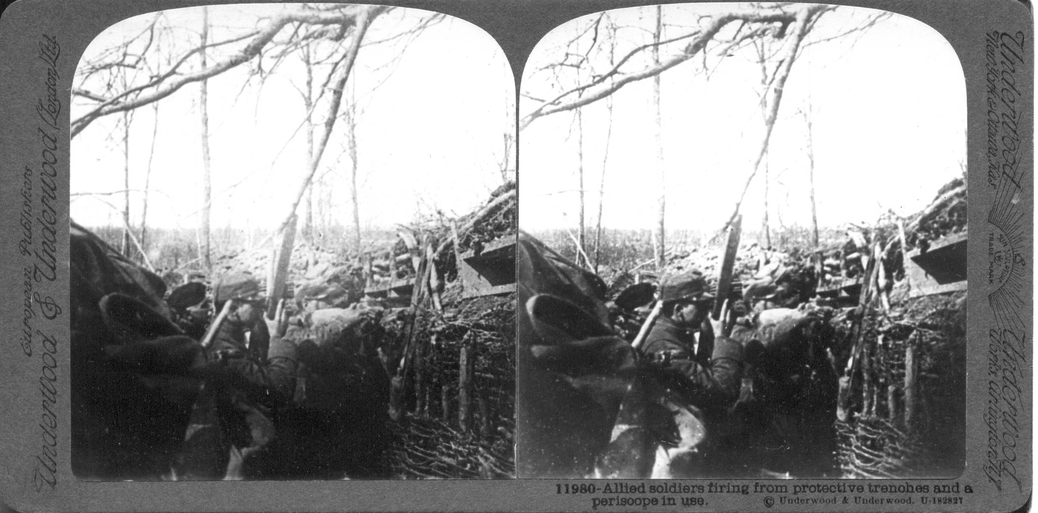 Allied soldiers firing from protective trenches and a periscope in use