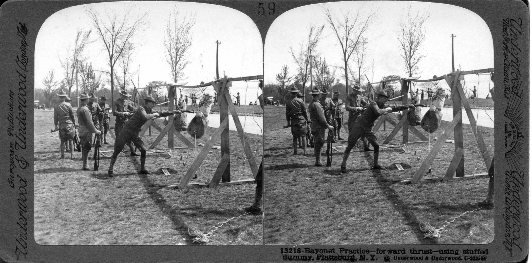 Bayonet practice--forward thrust--using stuffed dummy, Plattsburg, N.Y.