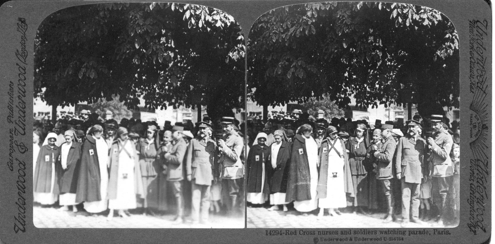 Red Cross nurses and soldiers watching parade, Paris