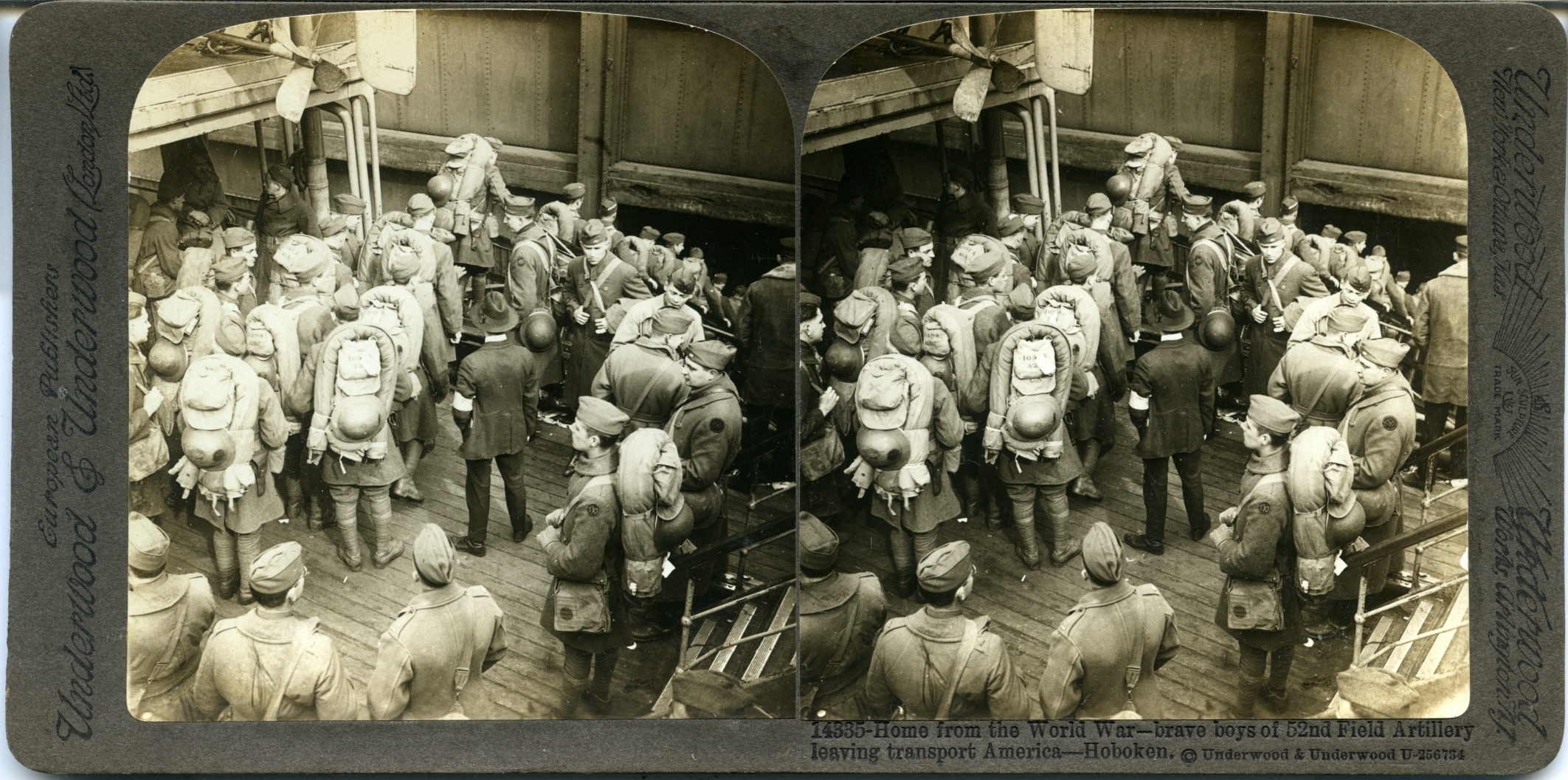 Home from the World War--brave boys of 52nd Field Artillery leaving transport America--Hoboken