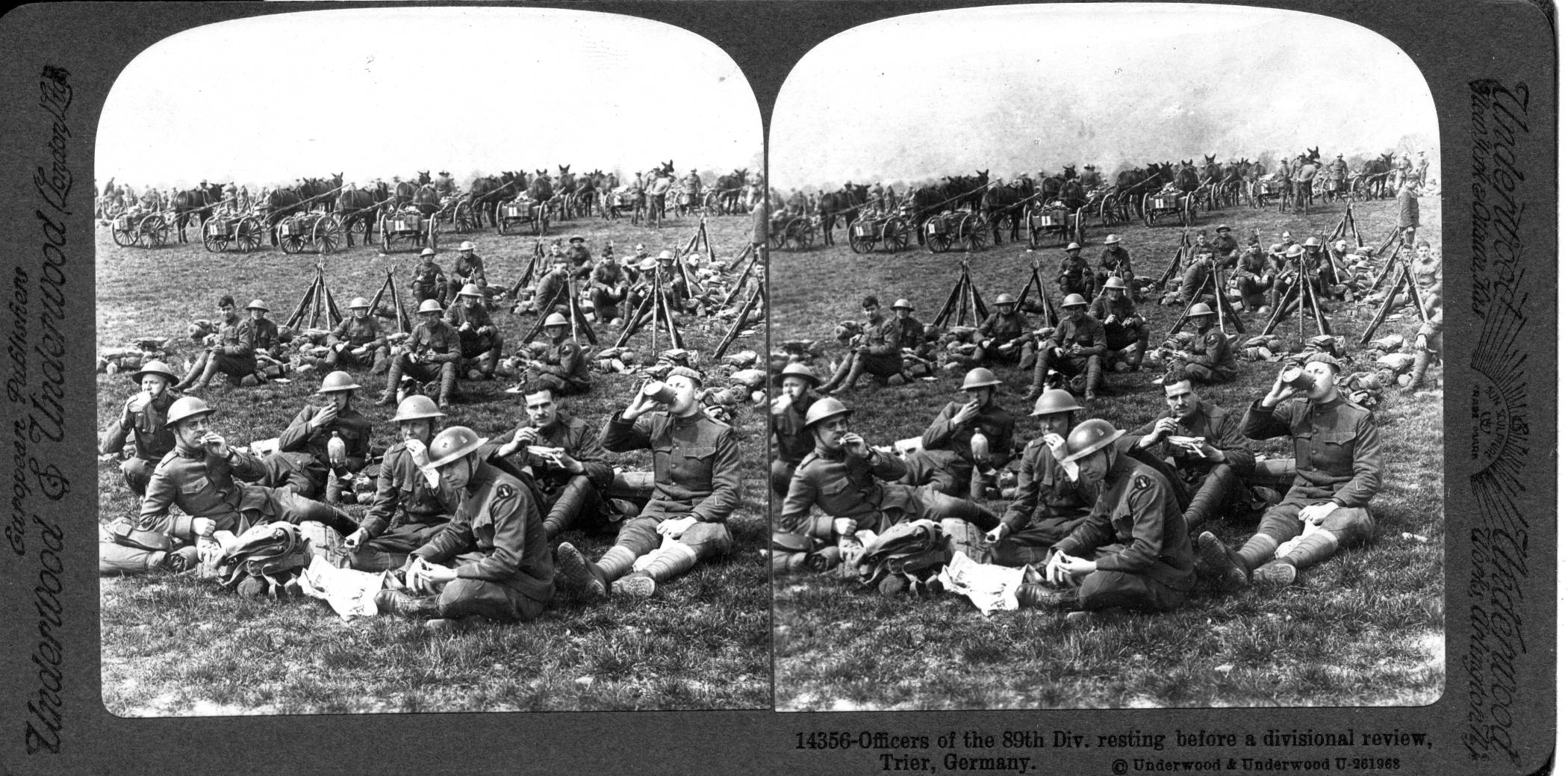 Officers of the 89th Div. resting before a divisional review, Trier, Germany