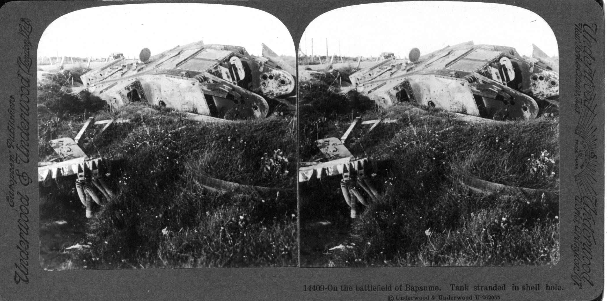 On the battlefield of Baupaume. Tank stranded in shell-hole
