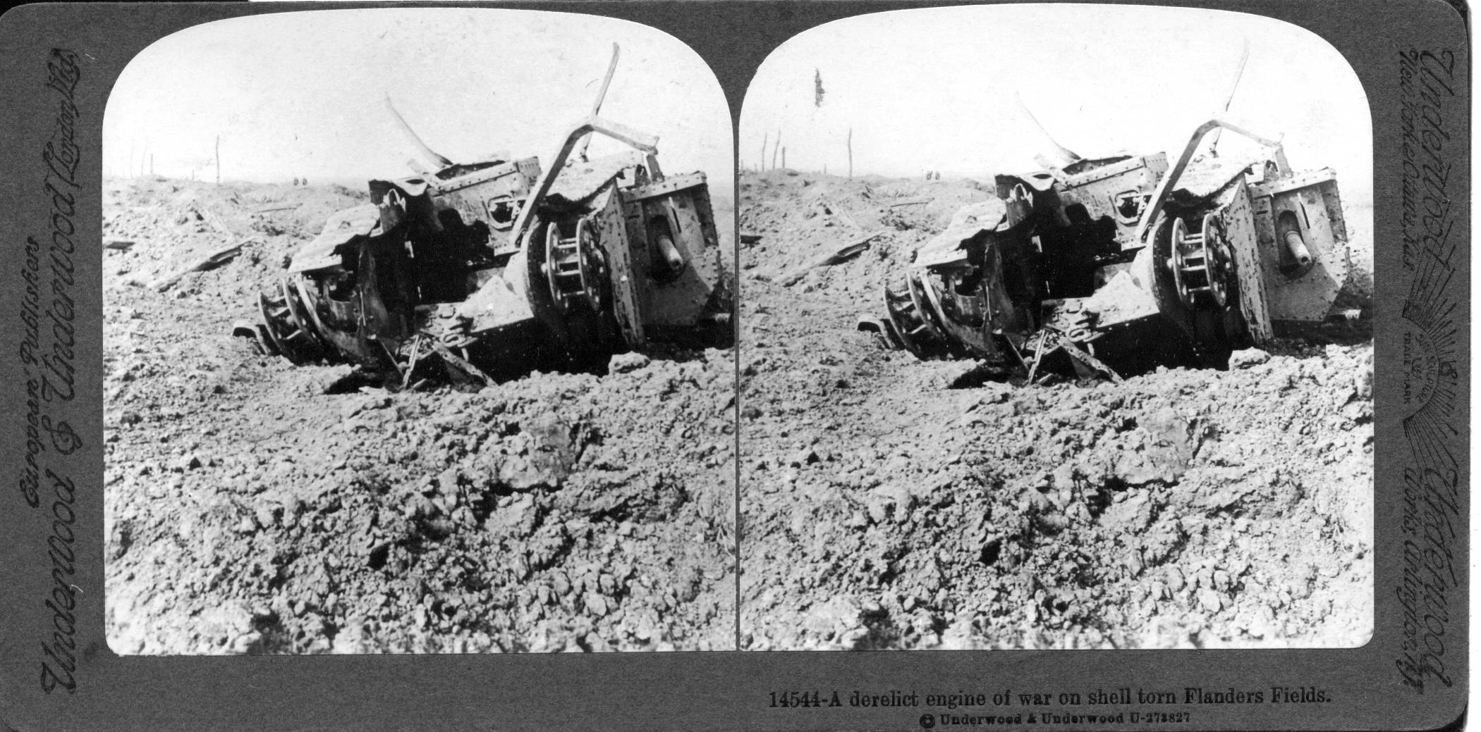 A derelict engine of war on shell torn Flanders Fields