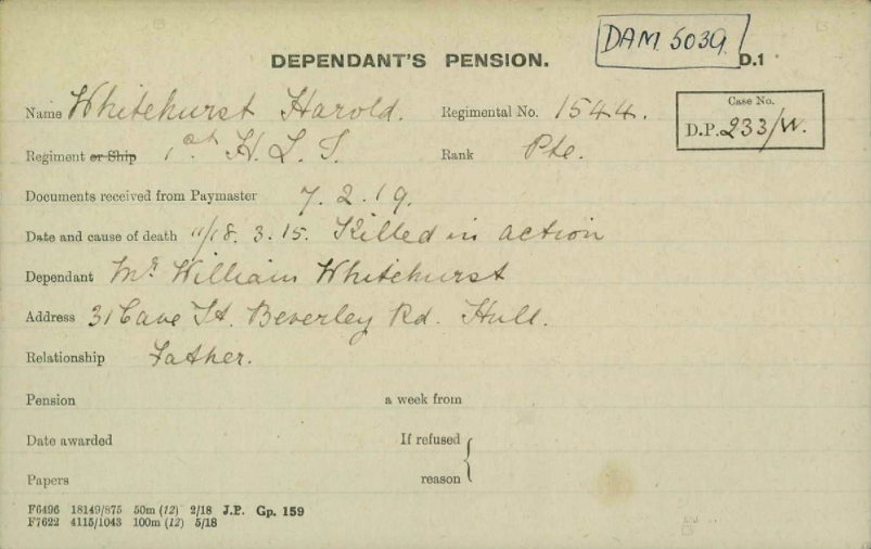 Pension Card from The Western Front Association digital archive on Fold3 by Ancestry