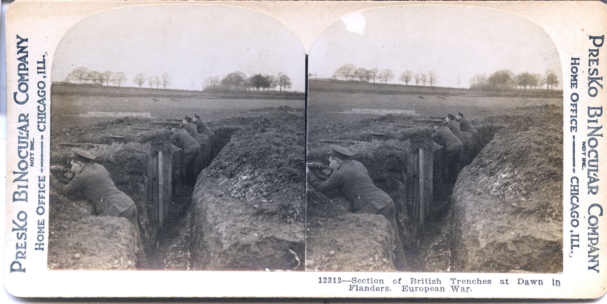Section of British Trenches at Dawn in Flanders. European War.