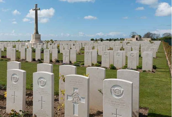 Mont-Huon Military Cemetery, a general view showing the first headstones from July 1917 (later burials are further into the Cemetery)