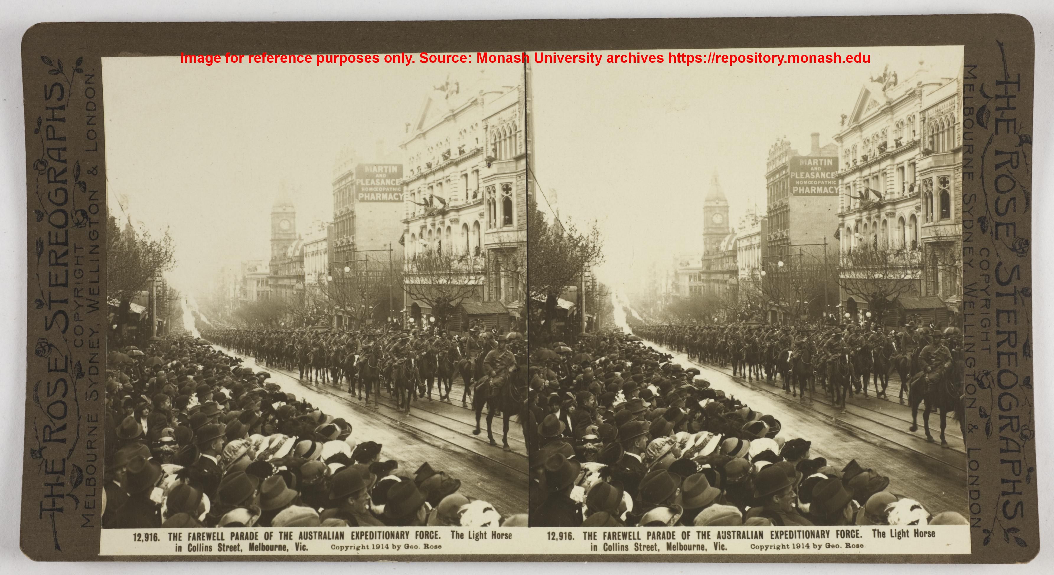 THE FAREWELL PARADE OF THE AUSTRALIAN EXPEDITIONARY FORCE. The Light Horse in Collins Street, Melbourne, Vic.