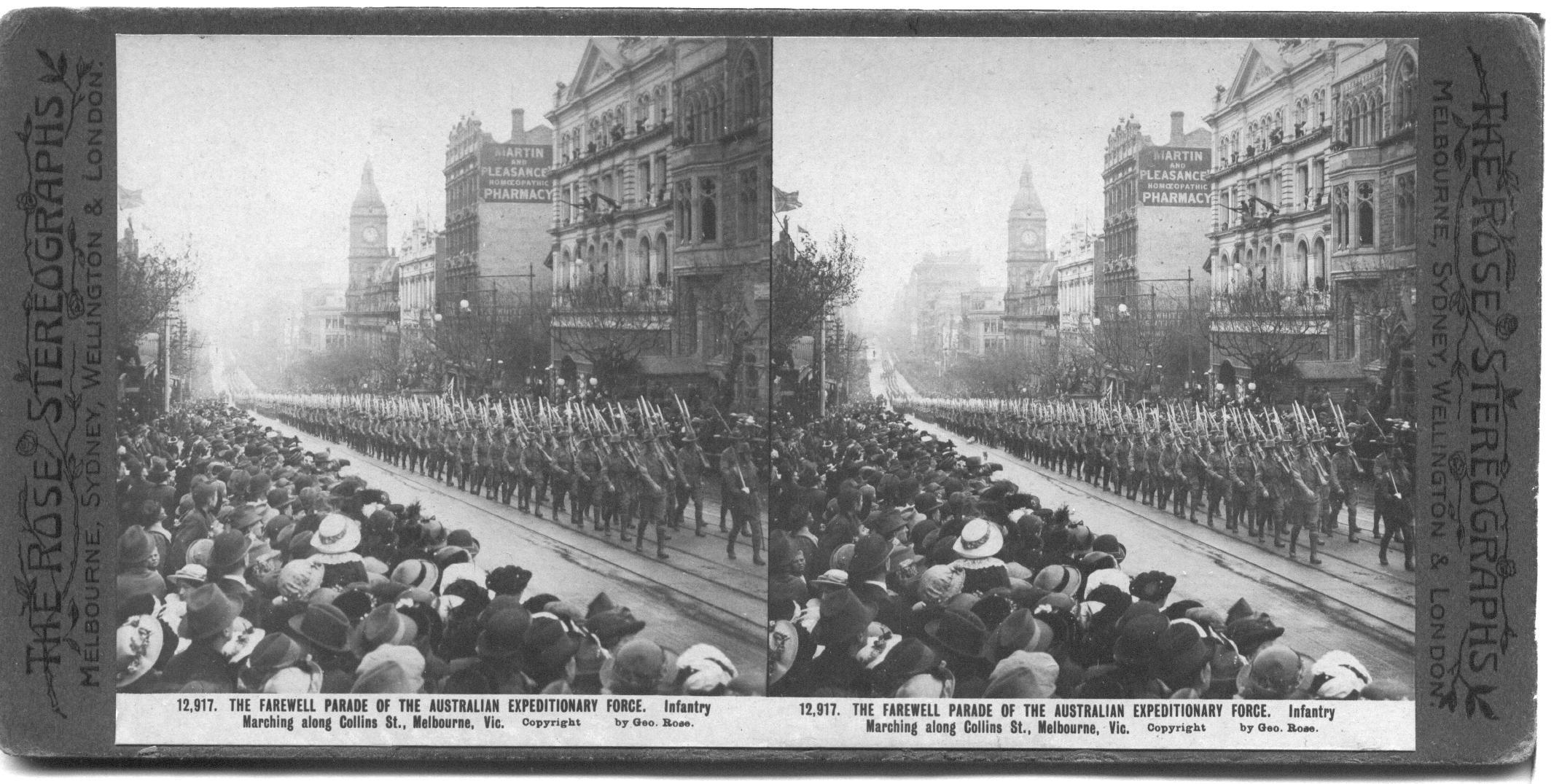THE FAREWELL PARADE OF THE AUSTRALIAN EXPEDITIONARY FORCE. Infantry Marching along Collins Street, Melbourne, Vic.