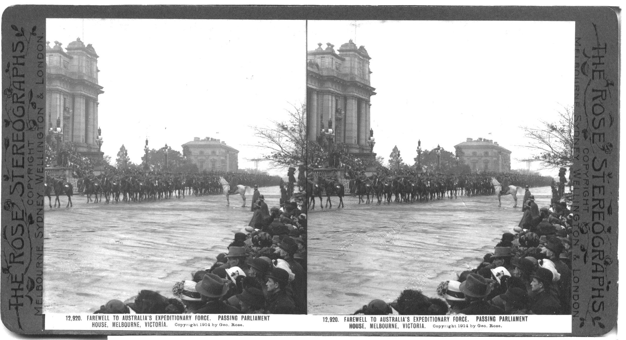 FAREWELL TO AUSTRALIA’S EXPEDITIONARY FORCE. PASSING PARLIAMENT HOUSE, MELBOURNE, VICTORIA.