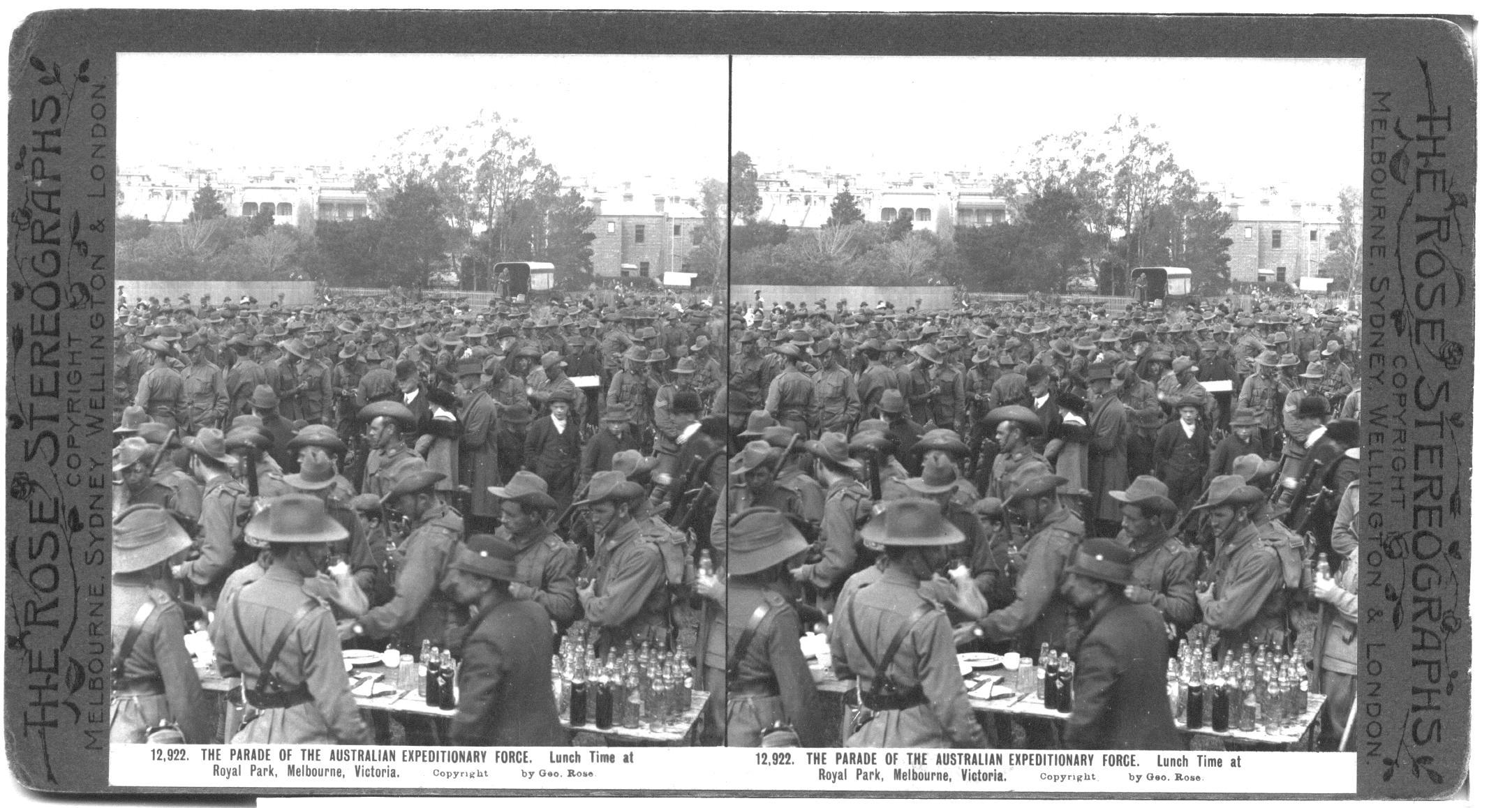 THE PARADE OF THE AUSTRALIAN EXPEDITIONARY FORCE. Lunch Time at Royal Park, Melbourne, Victoria.