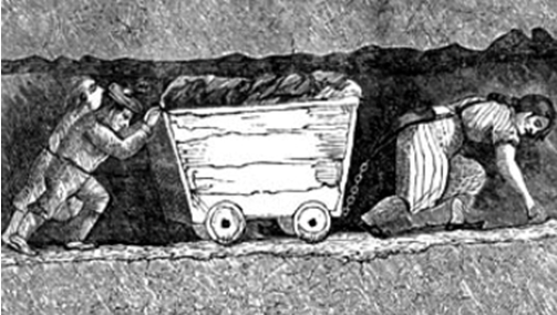 A hurrier and two thrusters heaving a corf full of coal as depicted in the 1853 book The White Slaves of England by J. Cobden