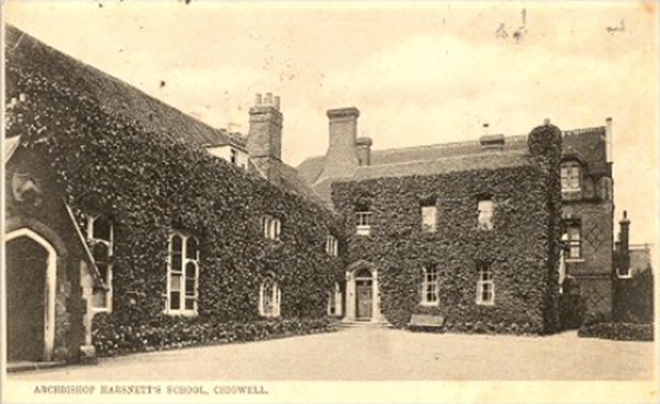 A photograph of Chigwell School, Essex, taken during or before 1904; caption reads "Archbishop Harsnett's School".