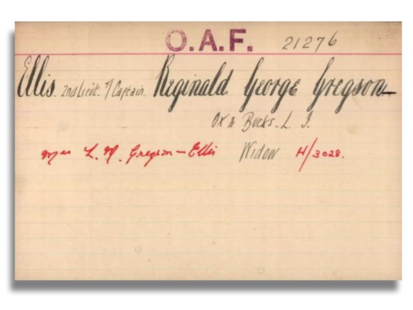Pension Card of Reginald George Gregson-Ellis from The Western Front Association digital archive on Fold3 by Ancestry