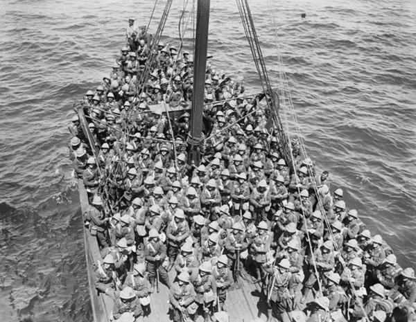 Lancashire Fusiliers of the 125th Brigade, 42nd (East Lancashire) Division, bound for Cape Helles, Gallipoli, May 1915. The soldiers have just disembarked aboard Trawler 318 from the transport SS Nile, from the deck of which the photo was taken.