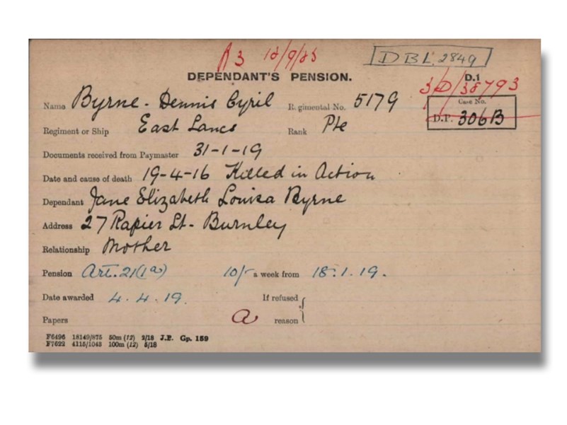 Pension Card for Dennis Byrne from The Western Front Association digital archive on Fold3 by Ancestry
