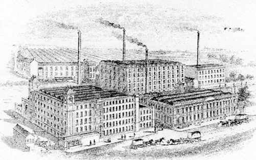Wellington Mill (Lower Left), Belgrave Number 1 Mill (Lower Right), Industry Mill (Centre) and Wood Top Mill (Far right) from an 1895 Bagley & Wright Memo heading