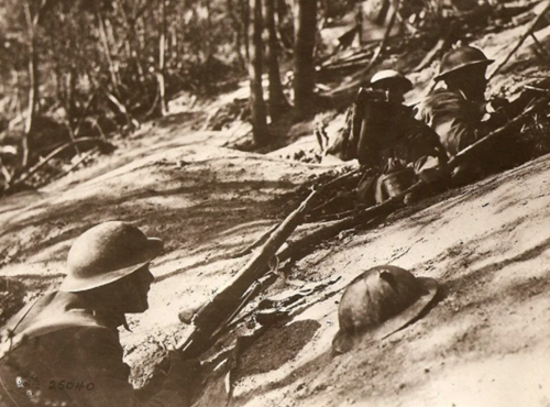 American soldiers of the 18th Infantry Regiment pinned down during their assault on Hill 240 near Exermont during the Meuse-Argonne Offensive, October 11, 1918.