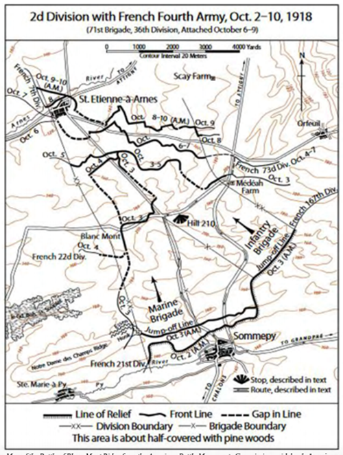 Map of the Battle of Blanc Mont Ridge from the American Battle Monuments Commission guidebook, American Armies and Battlefields in Europe, p.349