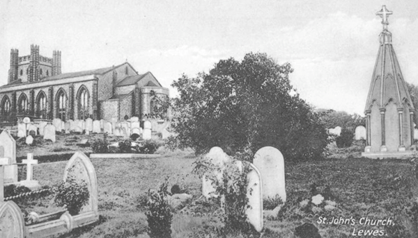 St John sub Castro churchyard from the Chester Vaughan Series. Lewes History Group.