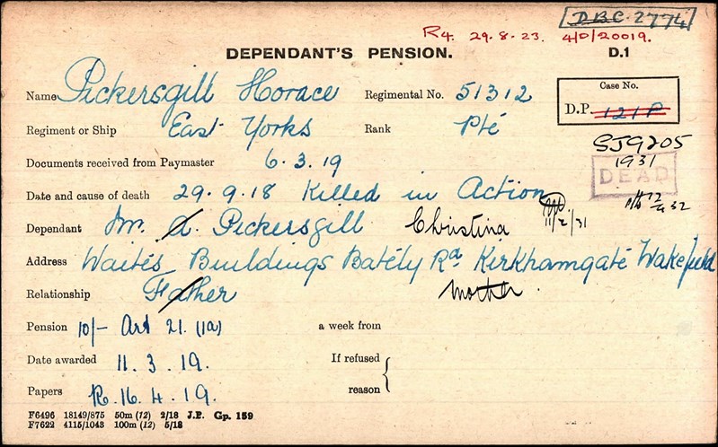 Horace Pickersgill Pension Card