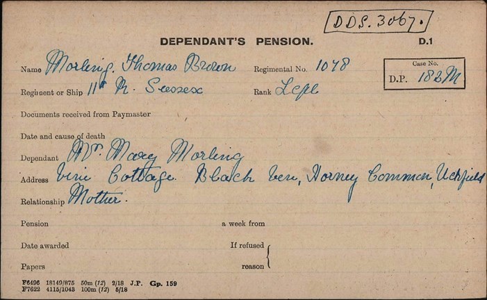 Thomas Brown Morling’S Pension Card