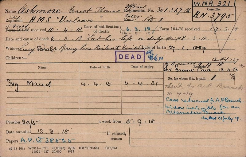 Toker 1St Class Ernest Thomas Ashmore Pension Card