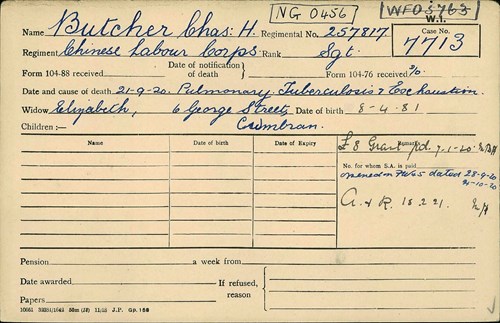 Charles Henry Butcher Pension Record Card