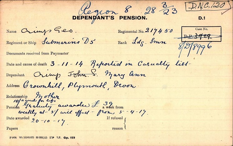 Pension Record Card Of George Crimp