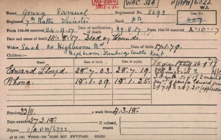 Samuel Young Pension Card