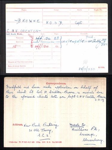 The Medal Index Card Showing The Application For His Medals By His Father's Solicitors, Freshfield And Leese