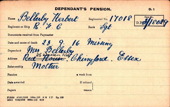 Herbert Bellerby Pension Record Card