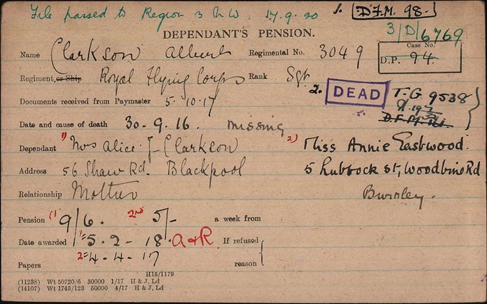Albert Clarkson Pension Record Card