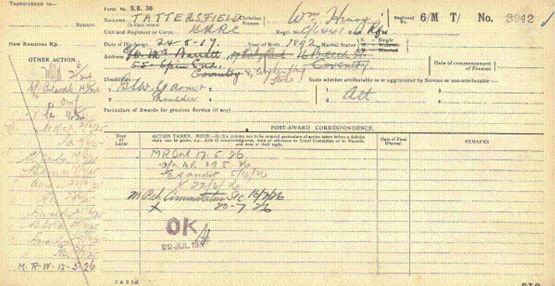 William Tattersfield Pension Record Card