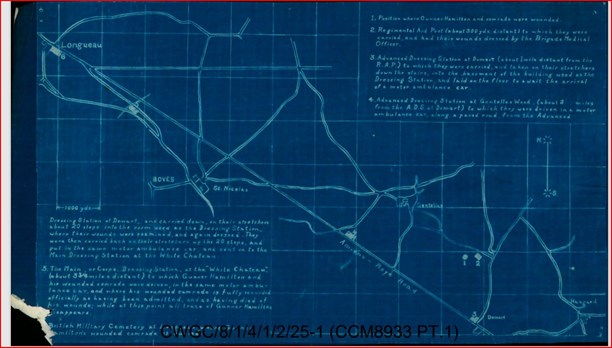 The map and notes provided by Henry Hamilton to the Commission – CWGC files