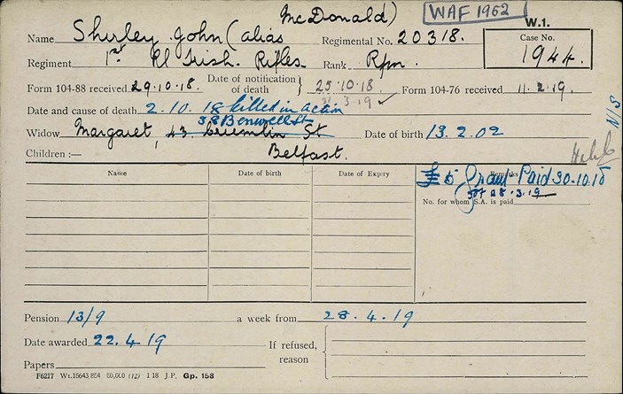 'John Shirley, Alias John Mcdonald' Pension Record Card