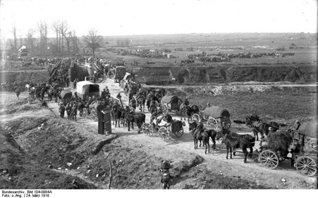Etricourt, 24 March 1918. German Troops On A Street In Front Of Two Temporary Bridges