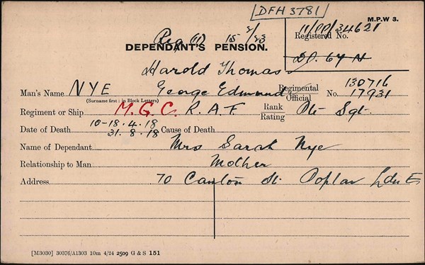Serjeant George Nye, Pension Record Card