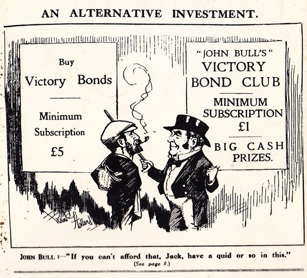 John Bull advertises Bottomley's 'Victory Bonds' Scheme, 12 July 1919