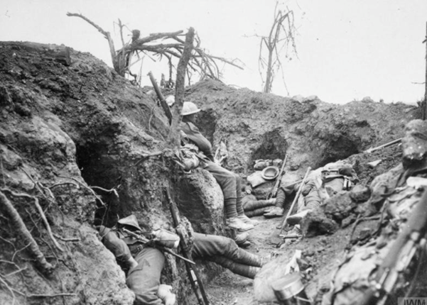 Troops of the Border Regiment resting in a front line trench in Thiepval Wood, France, August 1916.