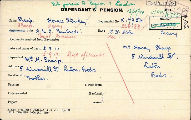 Horace Sharp Pension Card