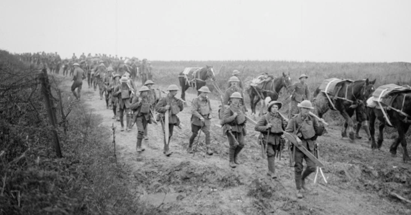 Men of the 16th Battalion, Royal Irish Rifles (Pioneers of the 36th Ulster Division) moving forward along the Ribecourt road, 20 November 1917.© IWM Q 6291