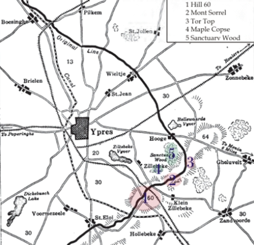 Map showing the location of Hooge directly east of Ypres, as well as the frontline of the Ypres Salient as it was in June 1916.