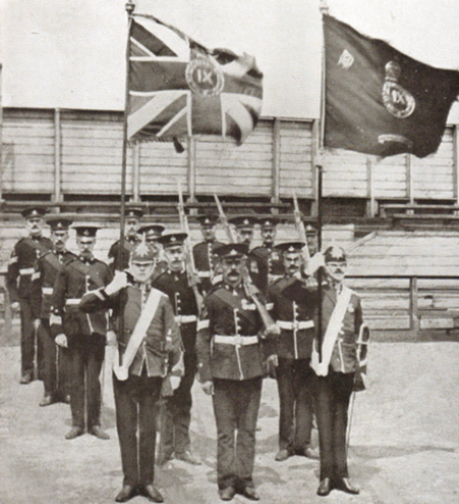 Colour party of the 9th Battalion Durham Light Infantry after receiving new colours from King Edward VII, 19 June 1909.