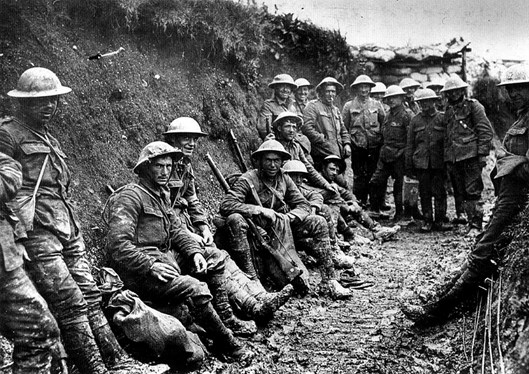 A ration party of the Royal Irish Rifles in a communication trench during the Battle of the Somme.