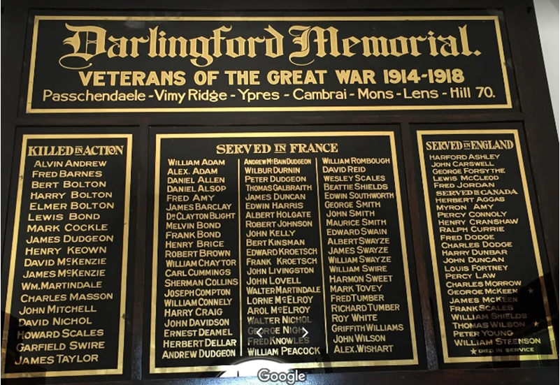 Darlingford War Memorial, Chaple Plaque to those who died or served during the First World War (c) Google Maps 2021