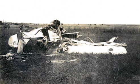 The smashed Nieuport 23 (serial B1607) of Captain William Parkinson Holt, 29 Squadron RFC, lying in a field south-west of Beaumont.