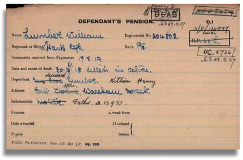 The Pension Card for William Lumber from The Western Front Association Pension Card digital archive on Fold3 by Ancestry