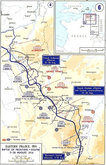 Cropped section of map showing the 'battle of the frontiers' as the pertained to Sdt. Cl Rieucau