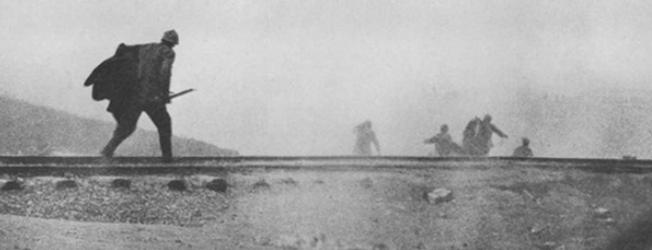 French troops attacking under artillery fire during the battle of Verdun in 1916