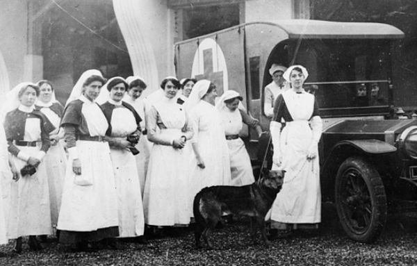 No. 567: The Duchess of Westminster at her hospital at Le Touquet, France, the Duchess is at the right of the picture with her dog.  American National Red Cross photograph collection (Library of Congress)